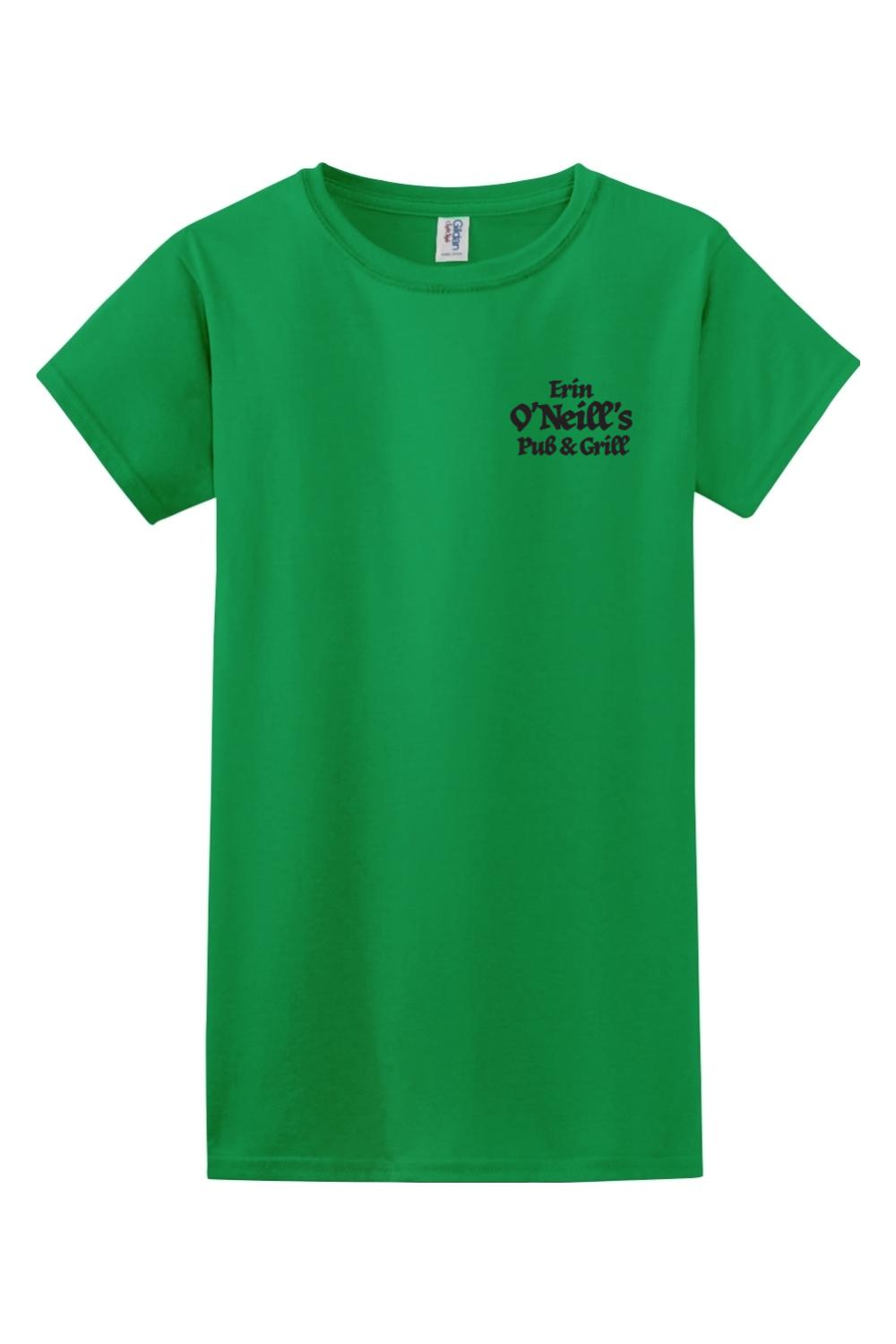 Bright green women's cotton t-shirt featuring a black Erin O'Neill's Pub & Grill logo on the left chest.