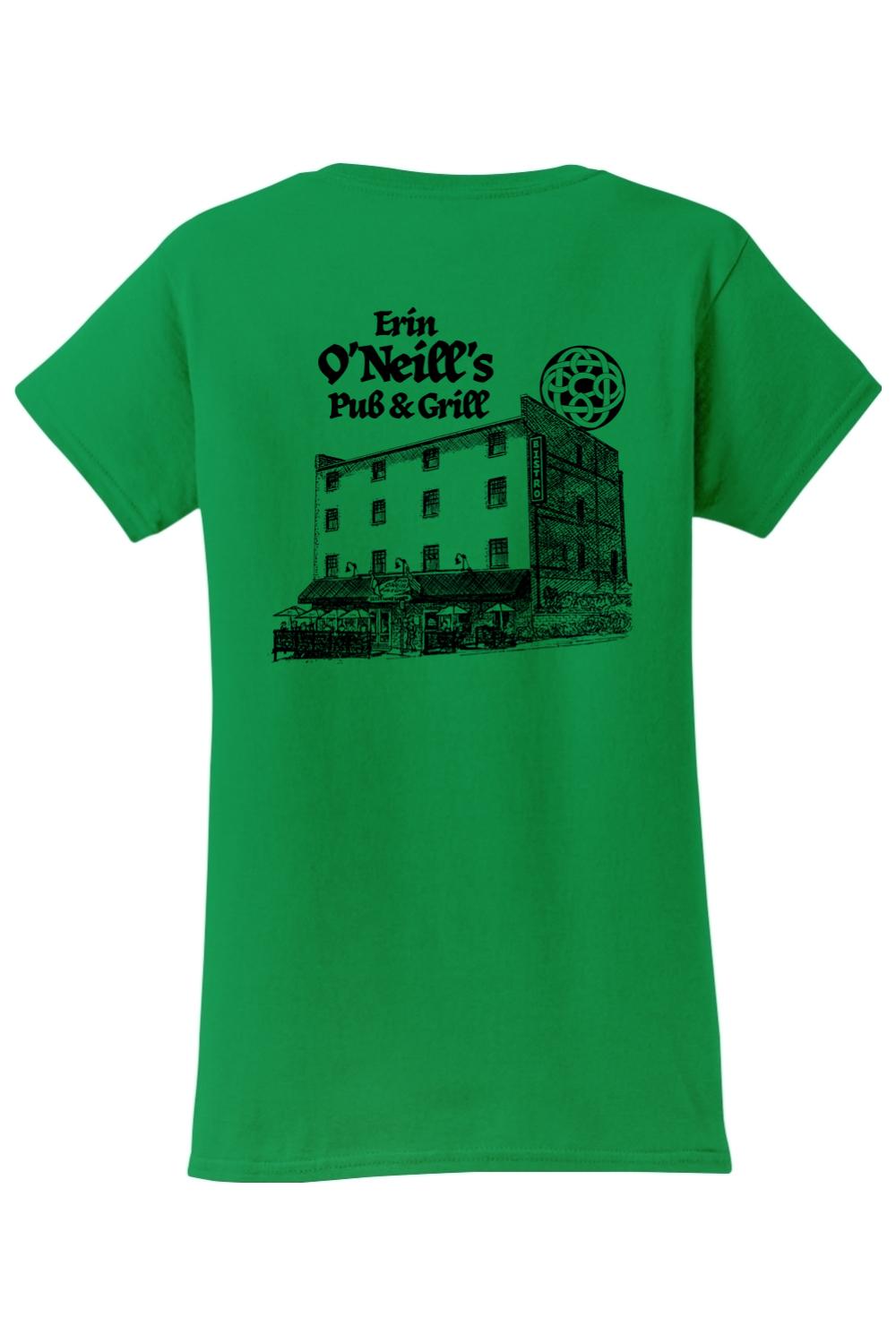 Green women's cotton t-shirt featuring a black sketch of Erin O'Neill's Pub & Grill building on the back.