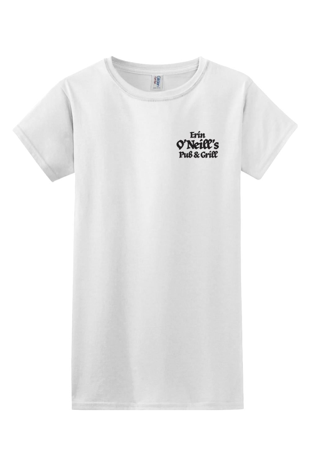 Light-colored women's cotton t-shirt featuring a small black Erin O'Neill's Pub & Grill logo on the chest.