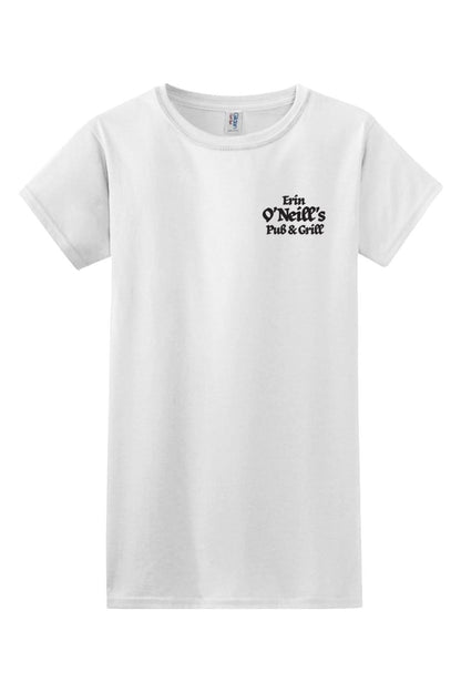Light-colored women's cotton t-shirt featuring a small black Erin O'Neill's Pub & Grill logo on the chest.