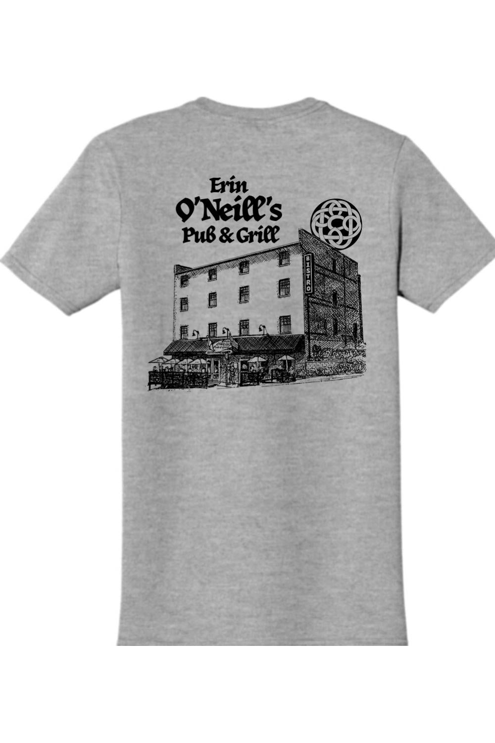 Sport grey cotton t-shirt featuring a black ink sketch of Erin O'Neill's Pub & Grill on the back.