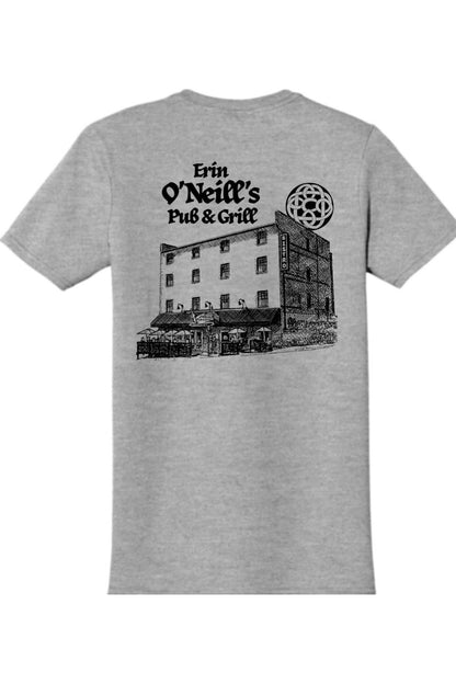 Sport grey cotton t-shirt featuring a black ink sketch of Erin O'Neill's Pub & Grill on the back.