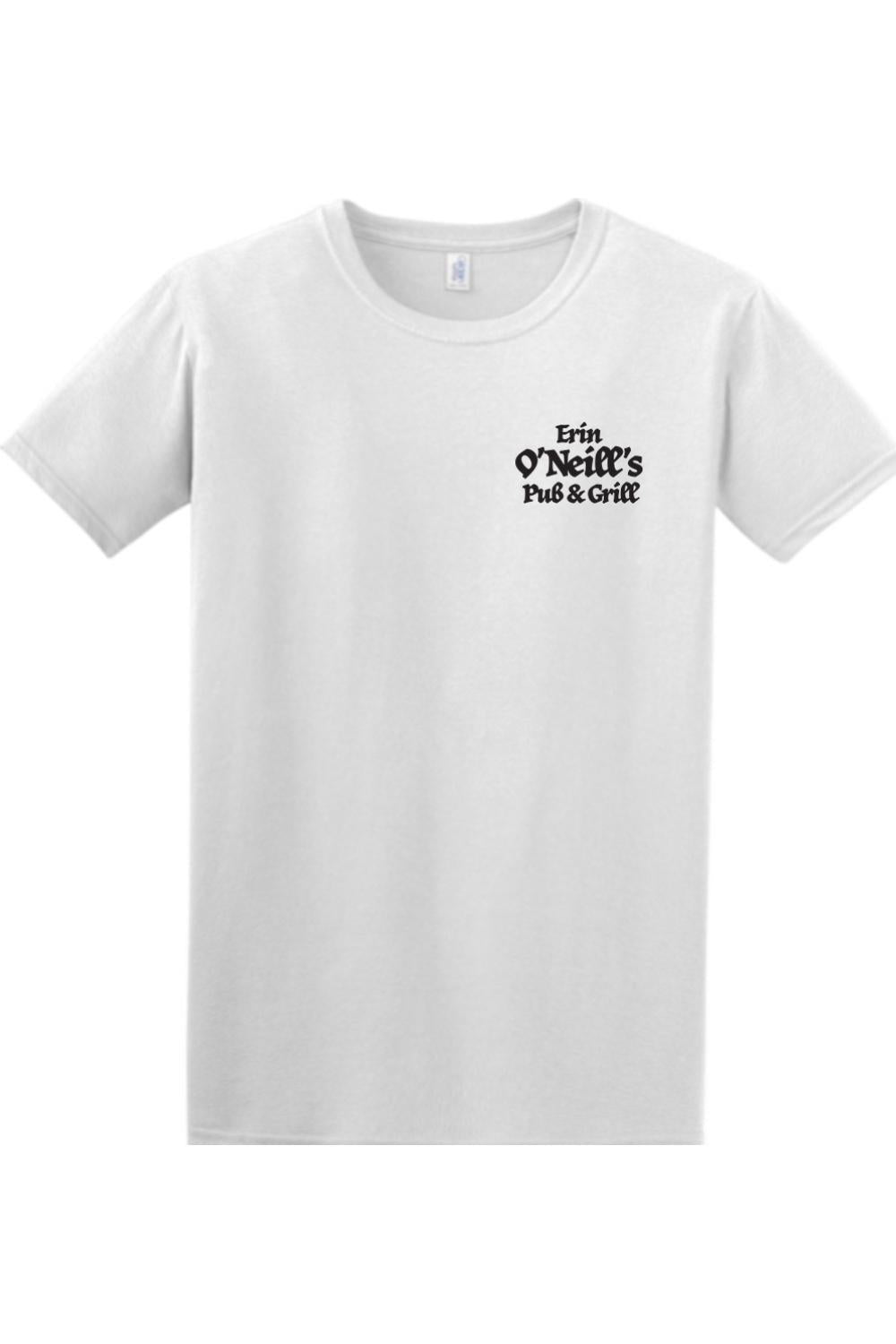 White cotton crewneck t-shirt featuring a small black Erin O'Neill's Pub & Grill logo on the left chest.