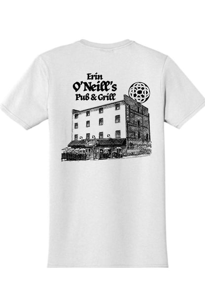 White cotton t-shirt featuring a black ink sketch of Erin O'Neill's Pub & Grill on the back.