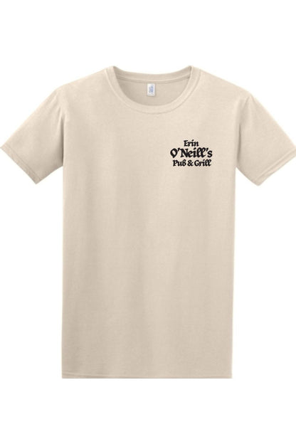 Beige cotton crew neck t-shirt featuring a black Erin O'Neill's Pub & Grill logo on the left chest.