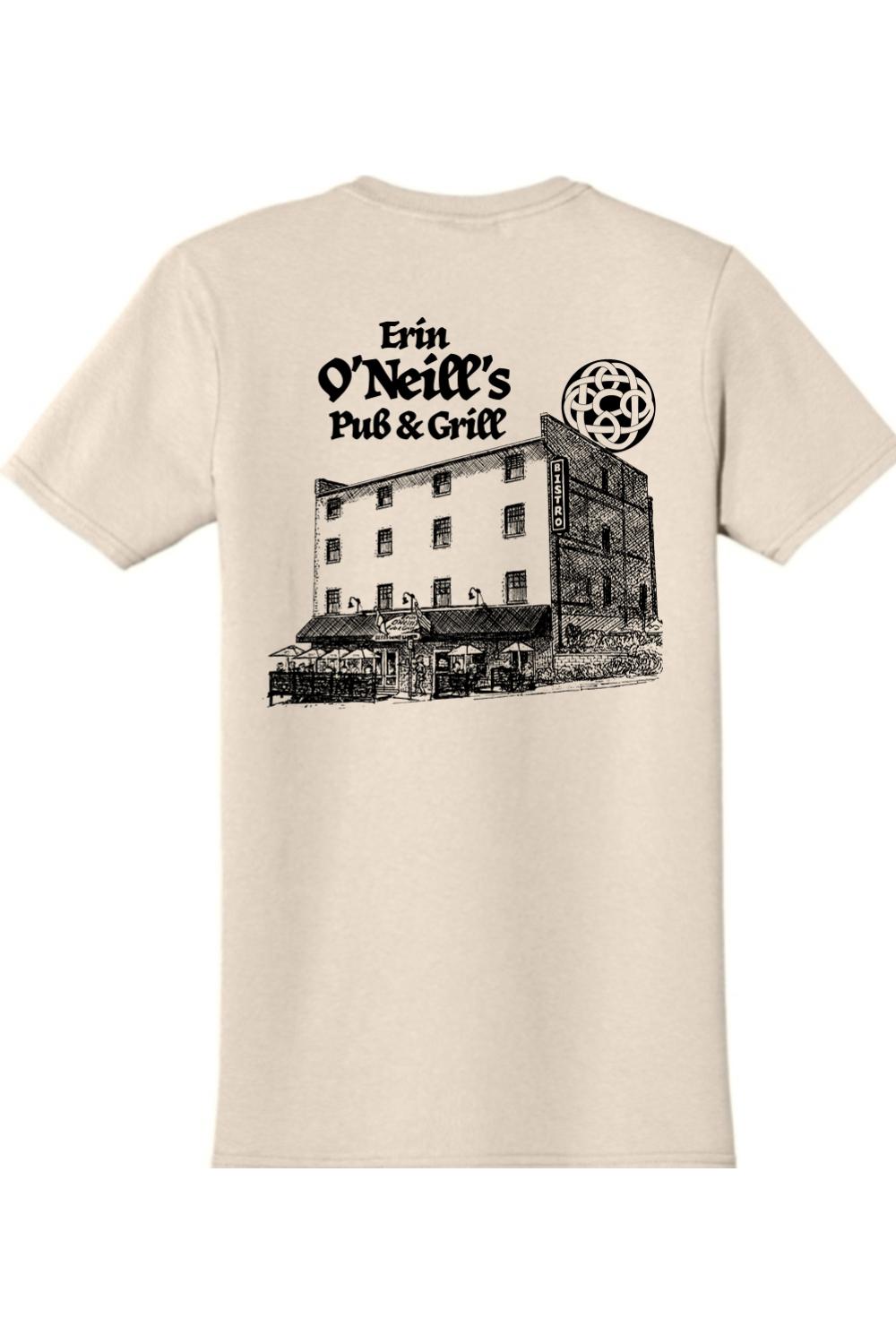 Beige cotton t-shirt featuring a black ink sketch of Erin O'Neill's Pub & Grill on the back.