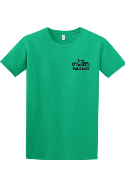 Green cotton crewneck t-shirt featuring a black Erin O'Neill's Pub & Grill logo on the left chest.
