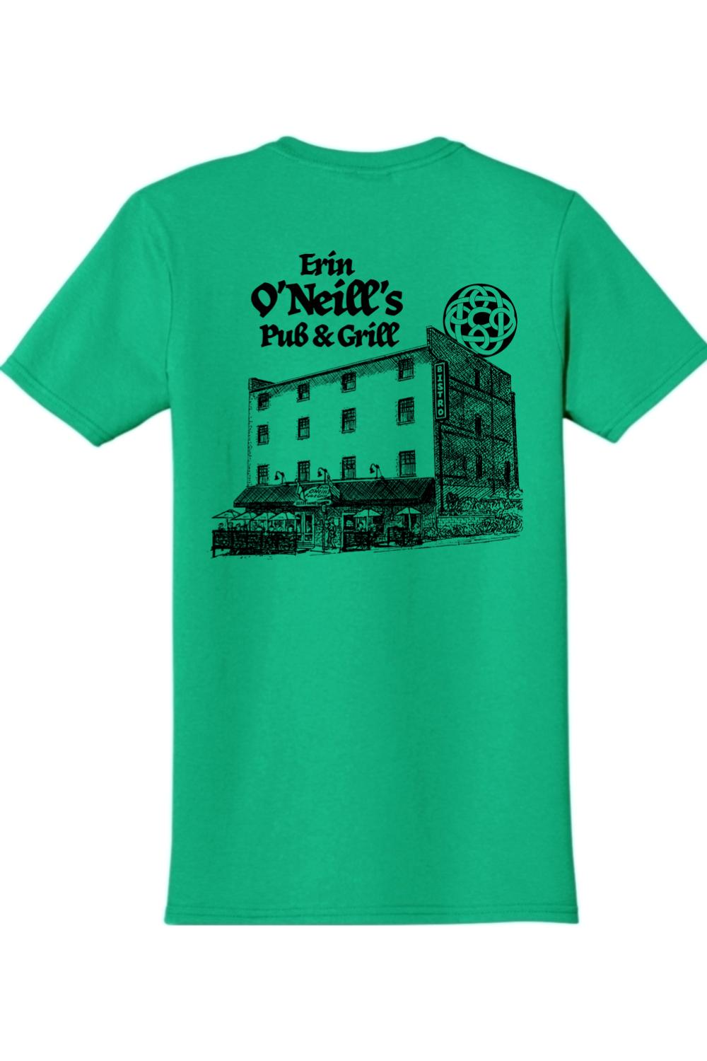 Green cotton t-shirt featuring a black sketch graphic of Erin O'Neill's Pub & Grill on the back.