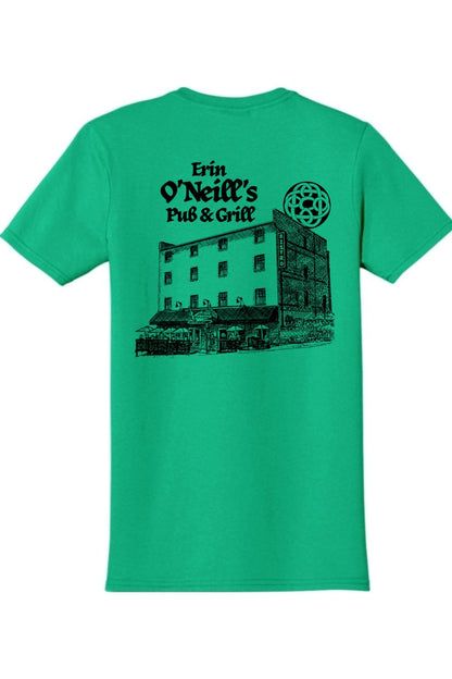 Green cotton t-shirt featuring a black sketch graphic of Erin O'Neill's Pub & Grill on the back.
