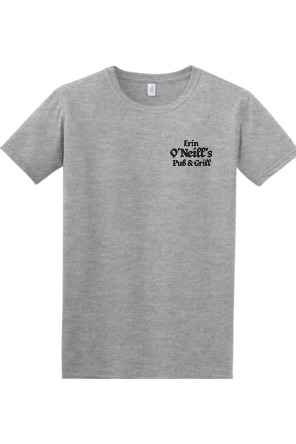 Sport grey cotton t-shirt featuring a black Erin O'Neill's Pub & Grill logo on the left chest.