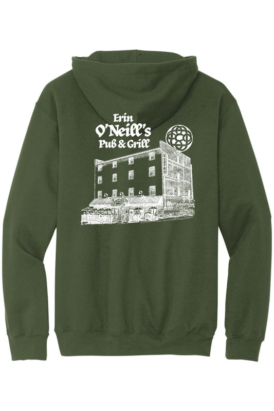 Dark olive green unisex hoodie featuring a white sketch graphic of Erin O'Neill's Pub & Grill on the back.