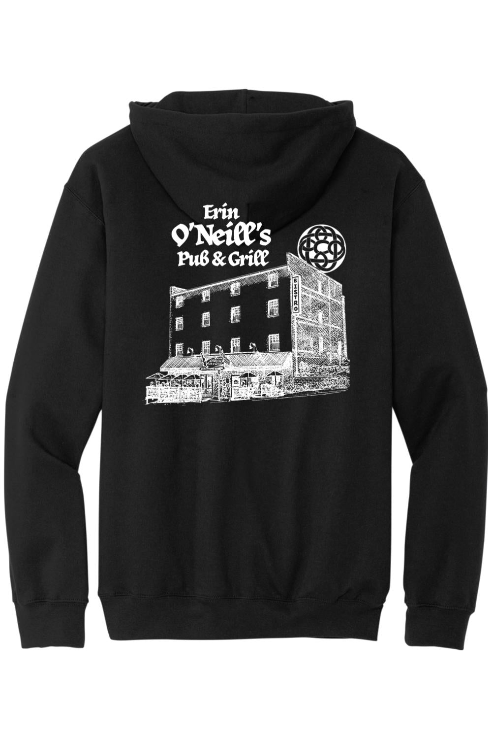 Black cotton-blend hoodie featuring a white sketch of Erin O'Neill's Pub & Grill on the back.