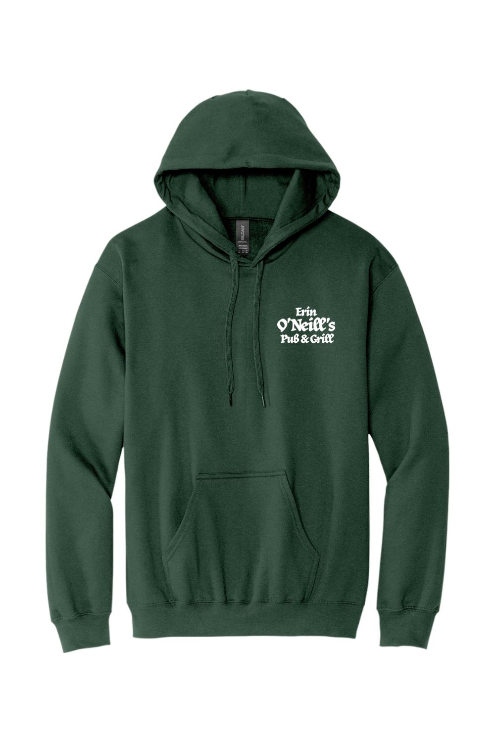 Dark green unisex hoodie with a white Erin O'Neill's Pub & Grill logo, featuring a drawstring hood and front pocket.