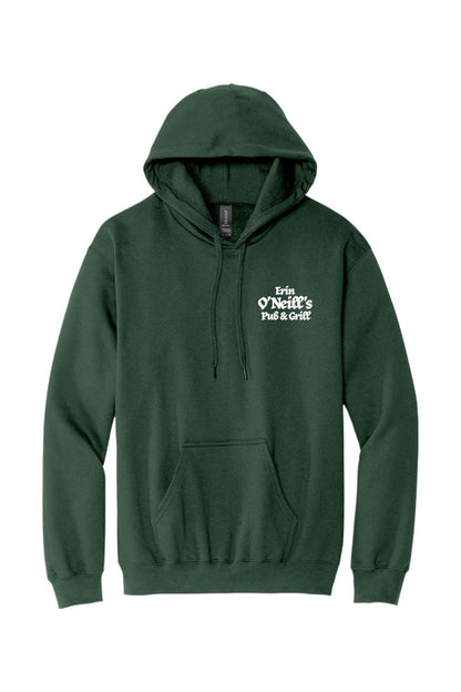 Dark green unisex hoodie with a white Erin O'Neill's Pub & Grill logo, featuring a drawstring hood and front pocket.
