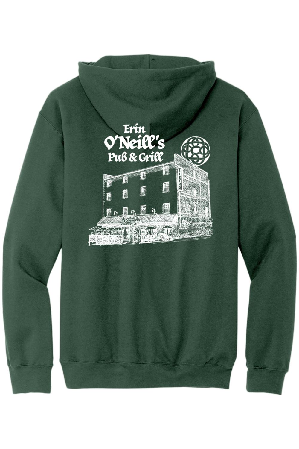 Dark green unisex hoodie featuring a white sketch of Erin O'Neill's Pub & Grill on the back.
