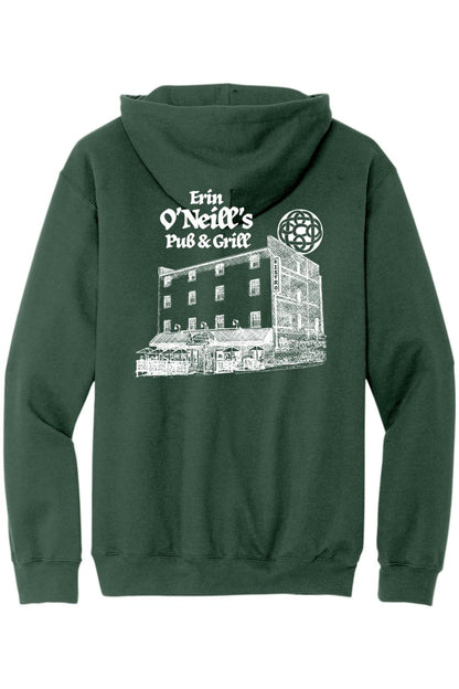 Dark green unisex hoodie featuring a white sketch of Erin O'Neill's Pub & Grill on the back.