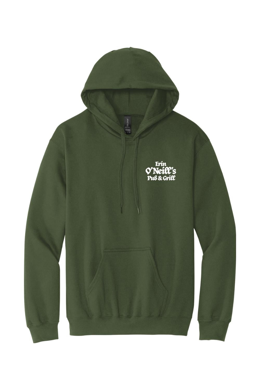 Dark olive green cotton-blend hoodie featuring a white Erin O'Neill's Pub & Grill logo on the chest.