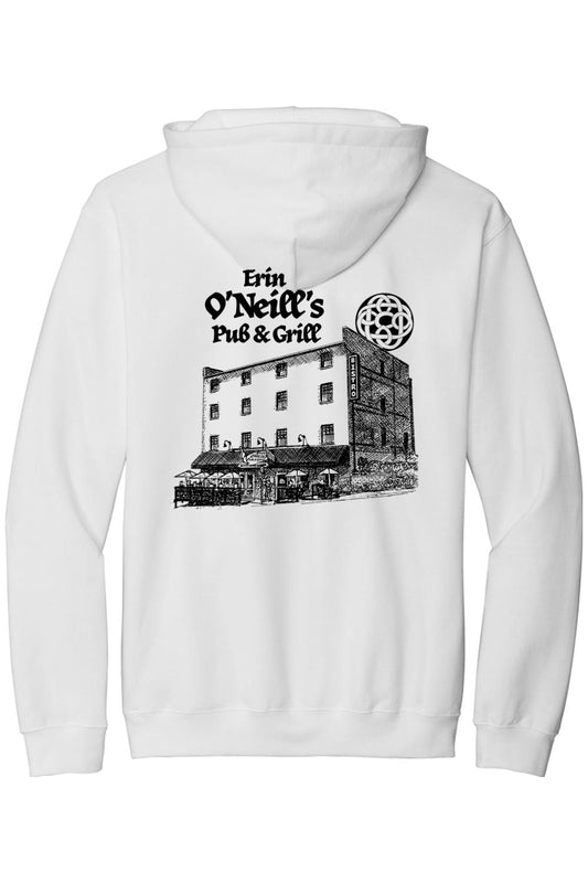 White unisex hoodie featuring a black sketch of Erin O'Neill's Pub & Grill on the back with a matching logo.