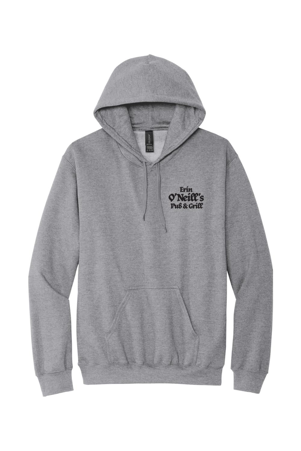 Light grey unisex pullover hoodie featuring a black Erin O'Neill's Pub & Grill logo on the chest with a front pocket.