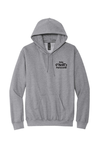 Light grey unisex pullover hoodie featuring a black Erin O'Neill's Pub & Grill logo on the chest with a front pocket.