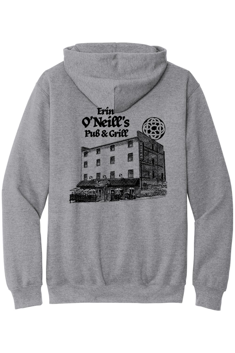 Light grey cotton-blend hoodie featuring a black sketch of Erin O'Neill's Pub & Grill on the back.