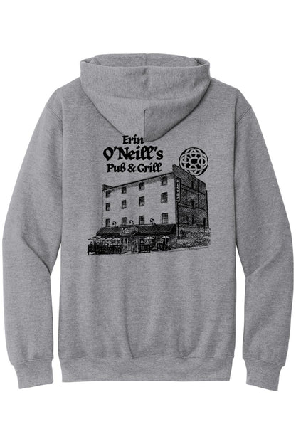 Light grey cotton-blend hoodie featuring a black sketch of Erin O'Neill's Pub & Grill on the back.