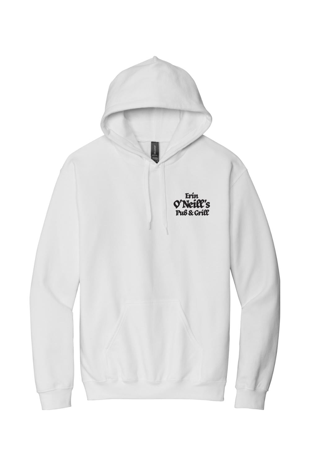 White unisex hoodie with a drawstring hood, front pocket, and black Erin O'Neill's Pub & Grill logo on the chest.