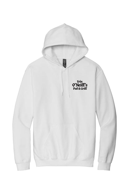 White unisex hoodie with a drawstring hood, front pocket, and black Erin O'Neill's Pub & Grill logo on the chest.