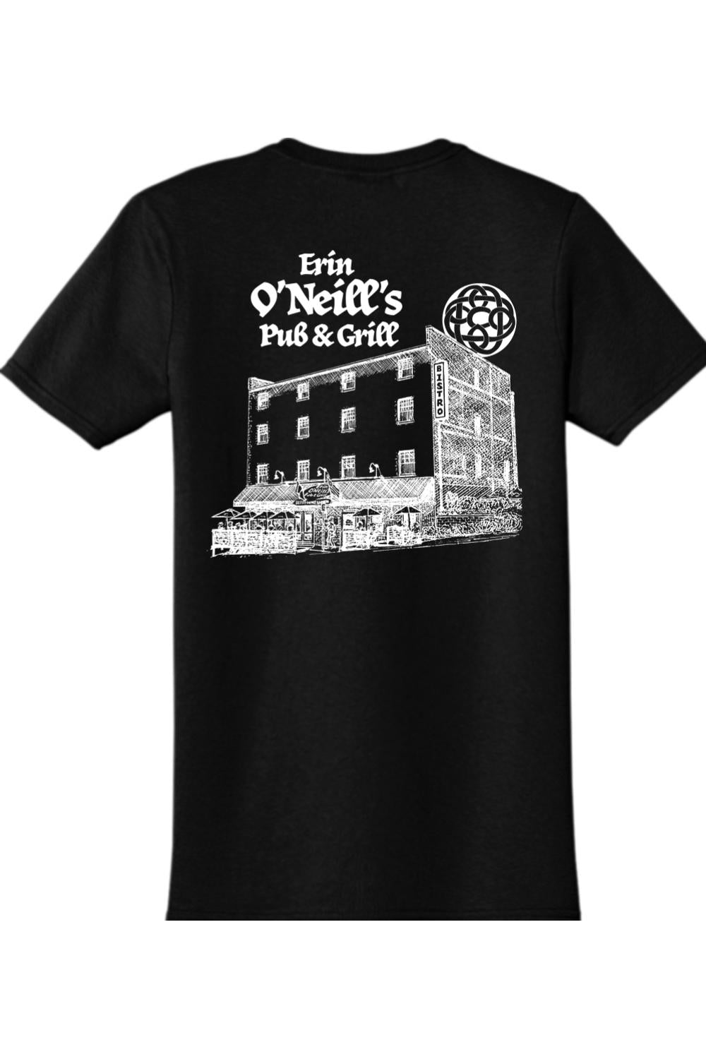 Black 100% cotton t-shirt featuring a white sketch print of Erin O'Neill's Pub & Grill on the back.