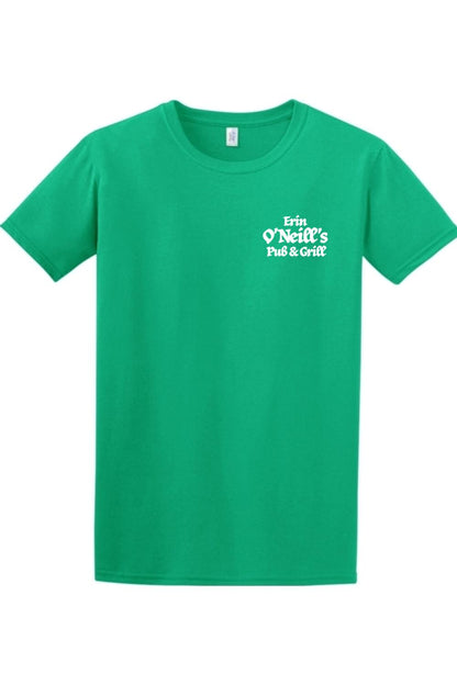 Green cotton t-shirt featuring a white Erin O'Neill's Pub & Grill sketch logo on the left chest.