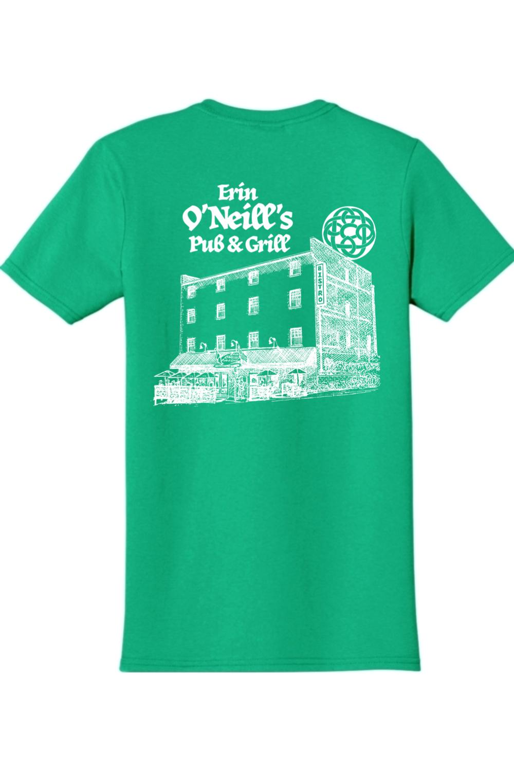 Green cotton t-shirt featuring a white sketch print of Erin O'Neill's Pub & Grill on the back.