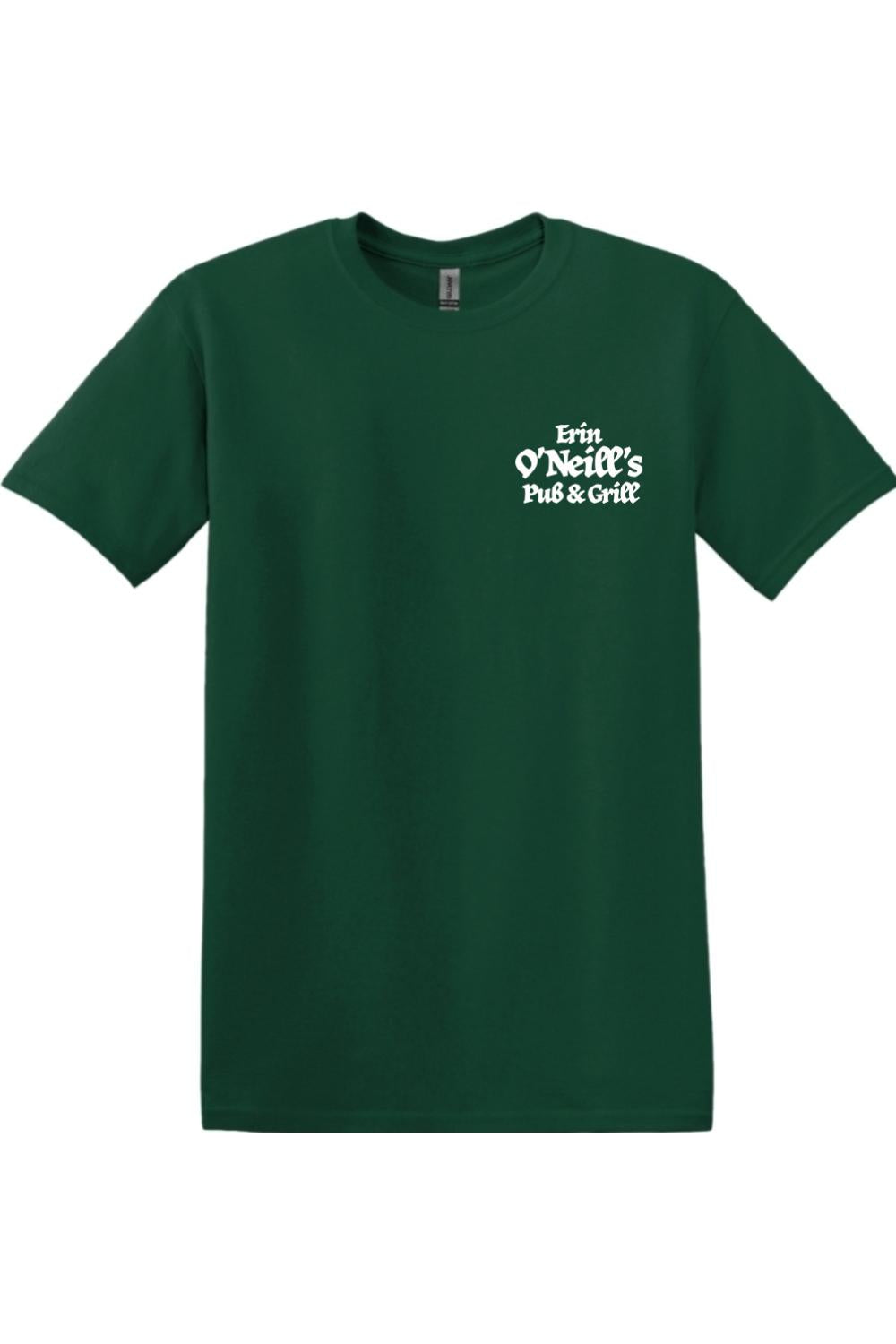 Dark green cotton t-shirt with a white Erin O'Neill's Pub & Grill logo printed on the left chest.