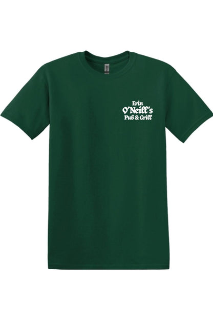 Dark green cotton t-shirt with a white Erin O'Neill's Pub & Grill logo printed on the left chest.