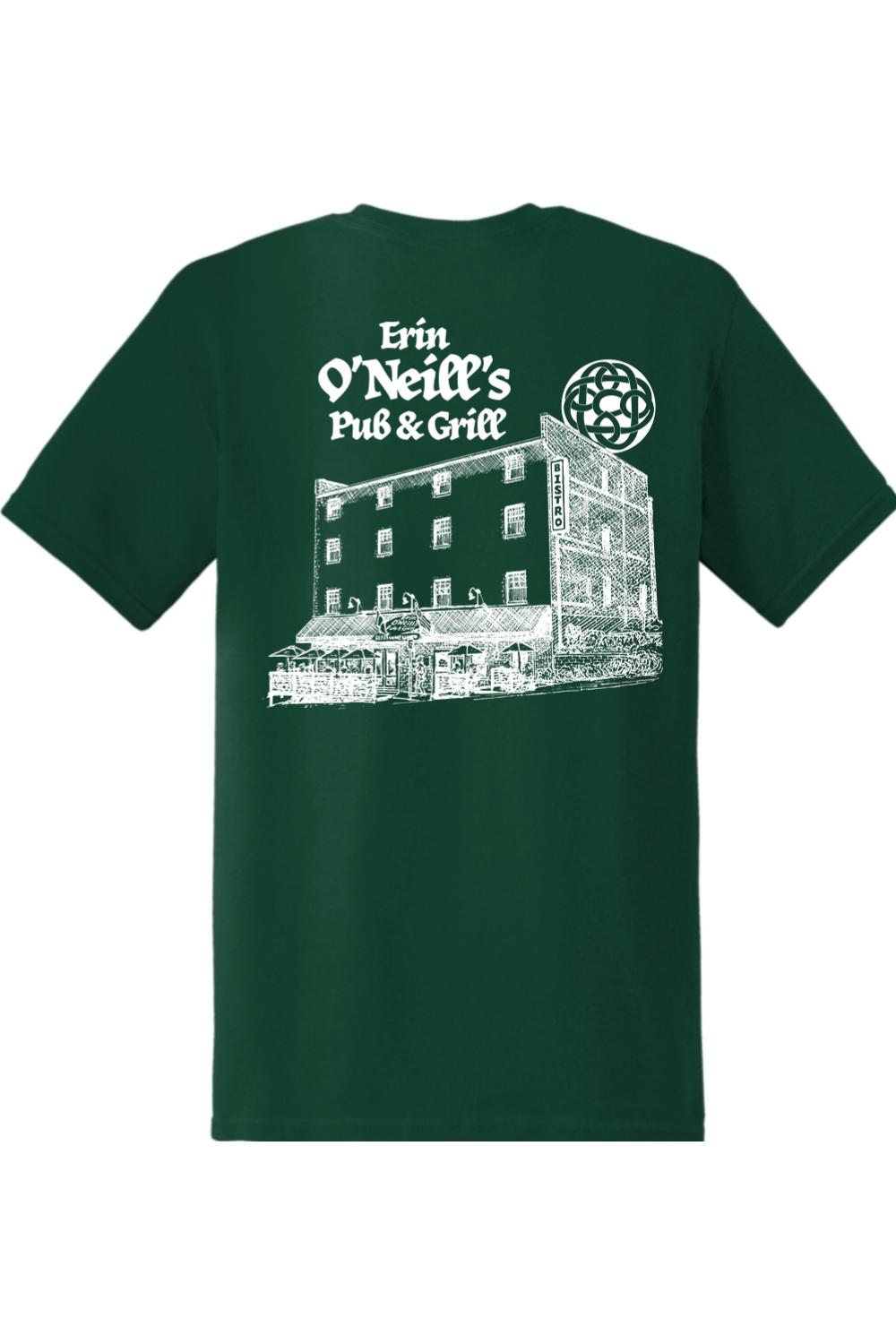 Dark green cotton t-shirt featuring a white sketch print of Erin O'Neill's Pub & Grill on the back.