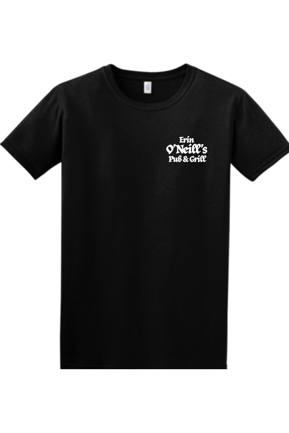 Black 100% cotton t-shirt featuring a white Erin O'Neill's Pub & Grill logo printed on the left chest.