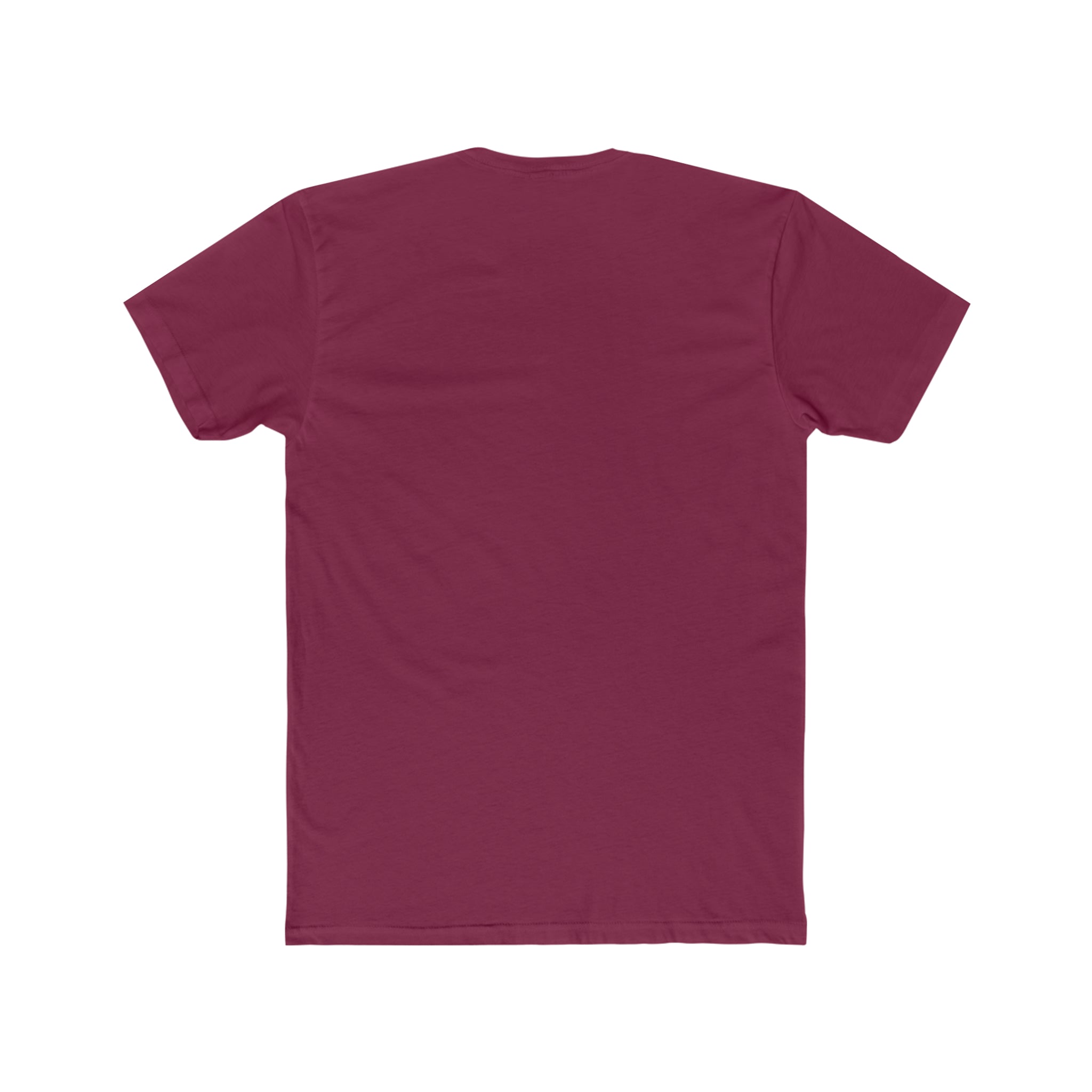 Back view of a plain, premium fitted maroon short-sleeve cotton t-shirt isolated on a white background.