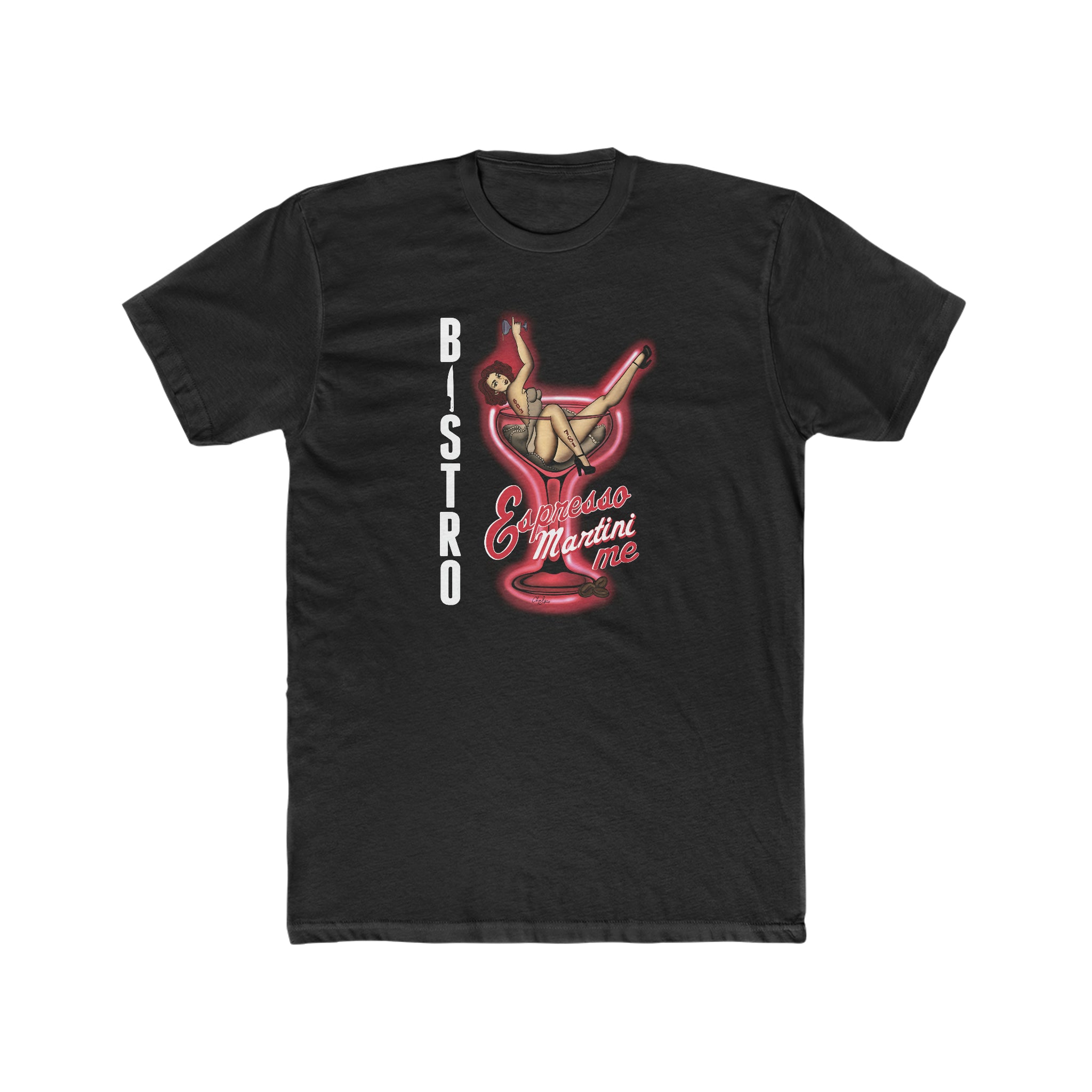 Black premium cotton men's tee featuring a vintage pin-up girl graphic inside a red martini glass design.