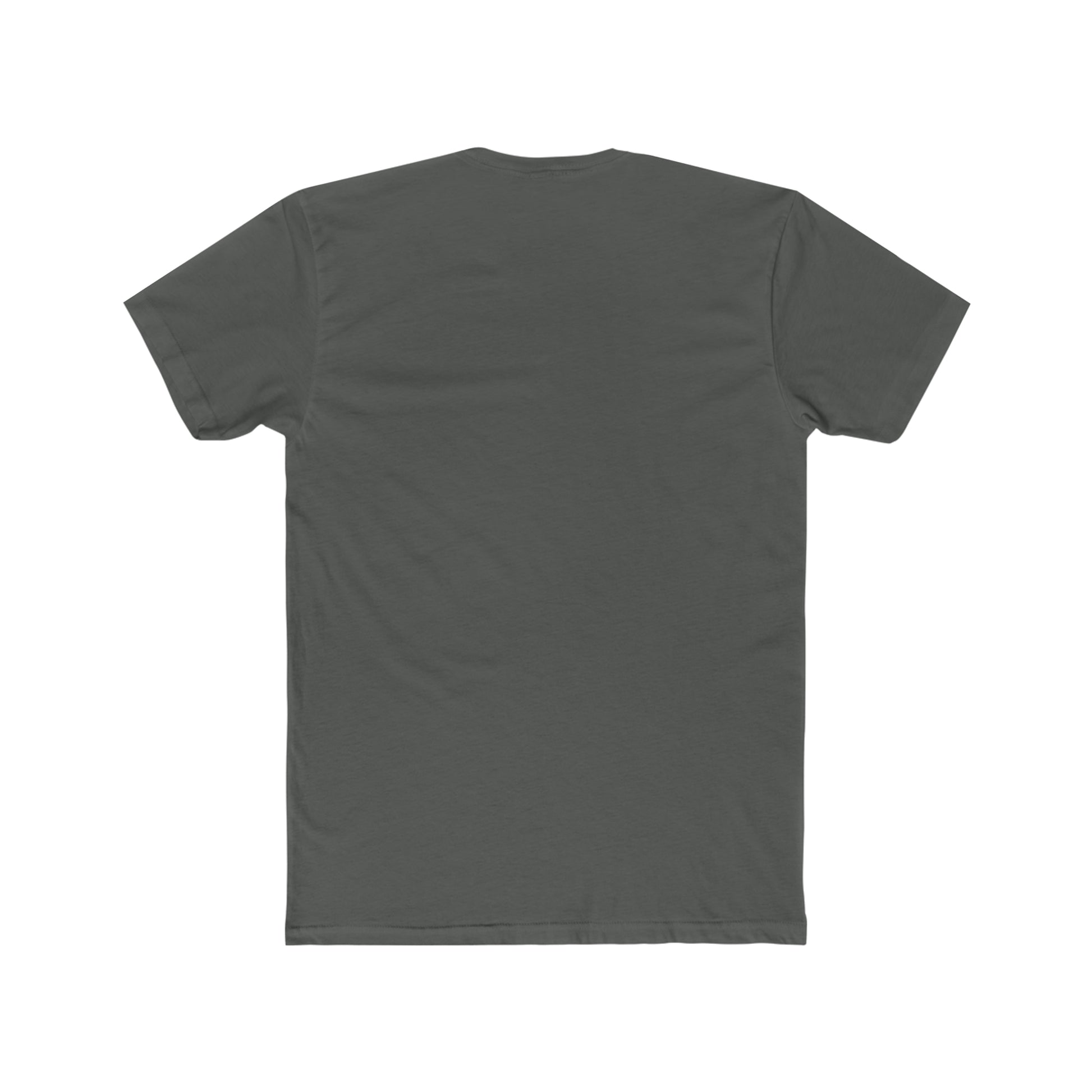 Back view of a premium fitted dark gray men's short-sleeve cotton t-shirt on a white background.