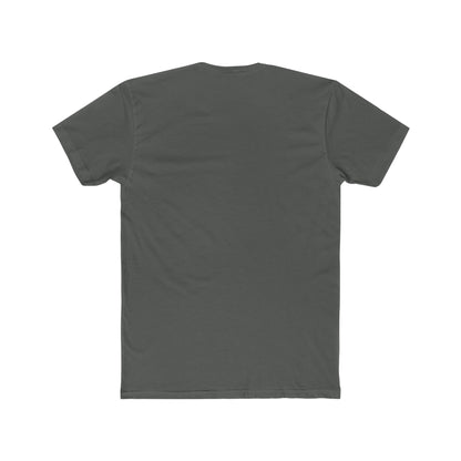 Back view of a premium fitted dark gray men's short-sleeve cotton t-shirt on a white background.
