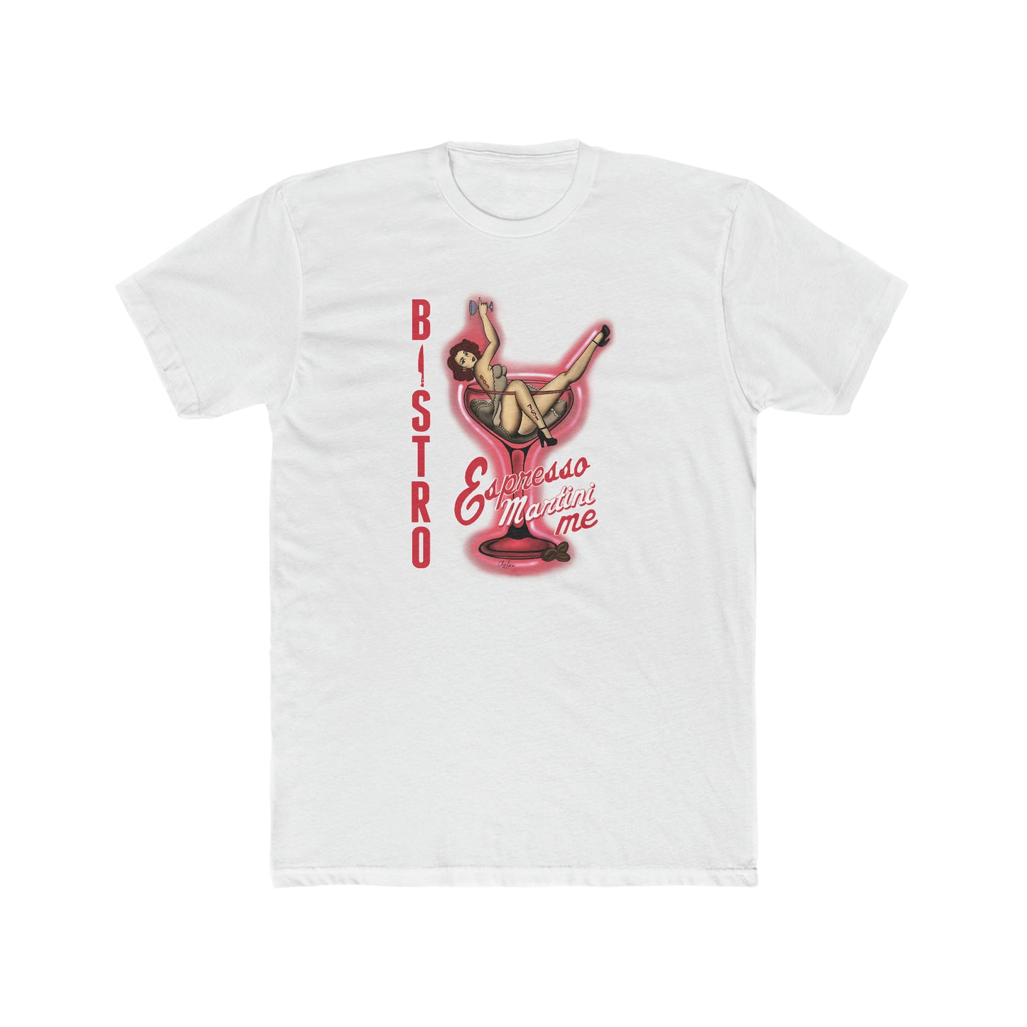 White cotton crew neck t-shirt featuring a vintage pin-up girl graphic inside a martini glass with Espresso Martini Me text.