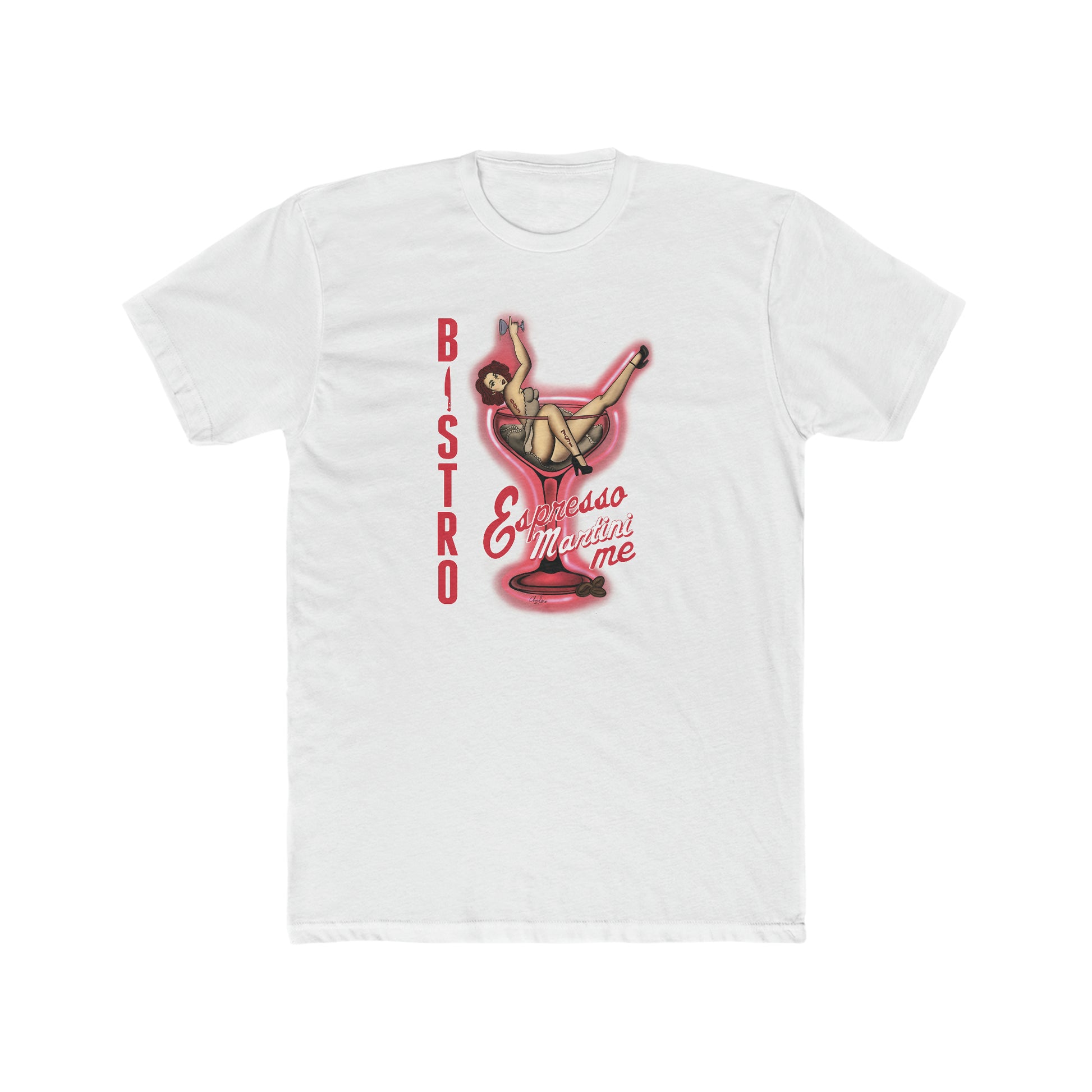White cotton crew neck t-shirt featuring a vintage pin-up girl graphic inside a martini glass with Espresso Martini Me text.