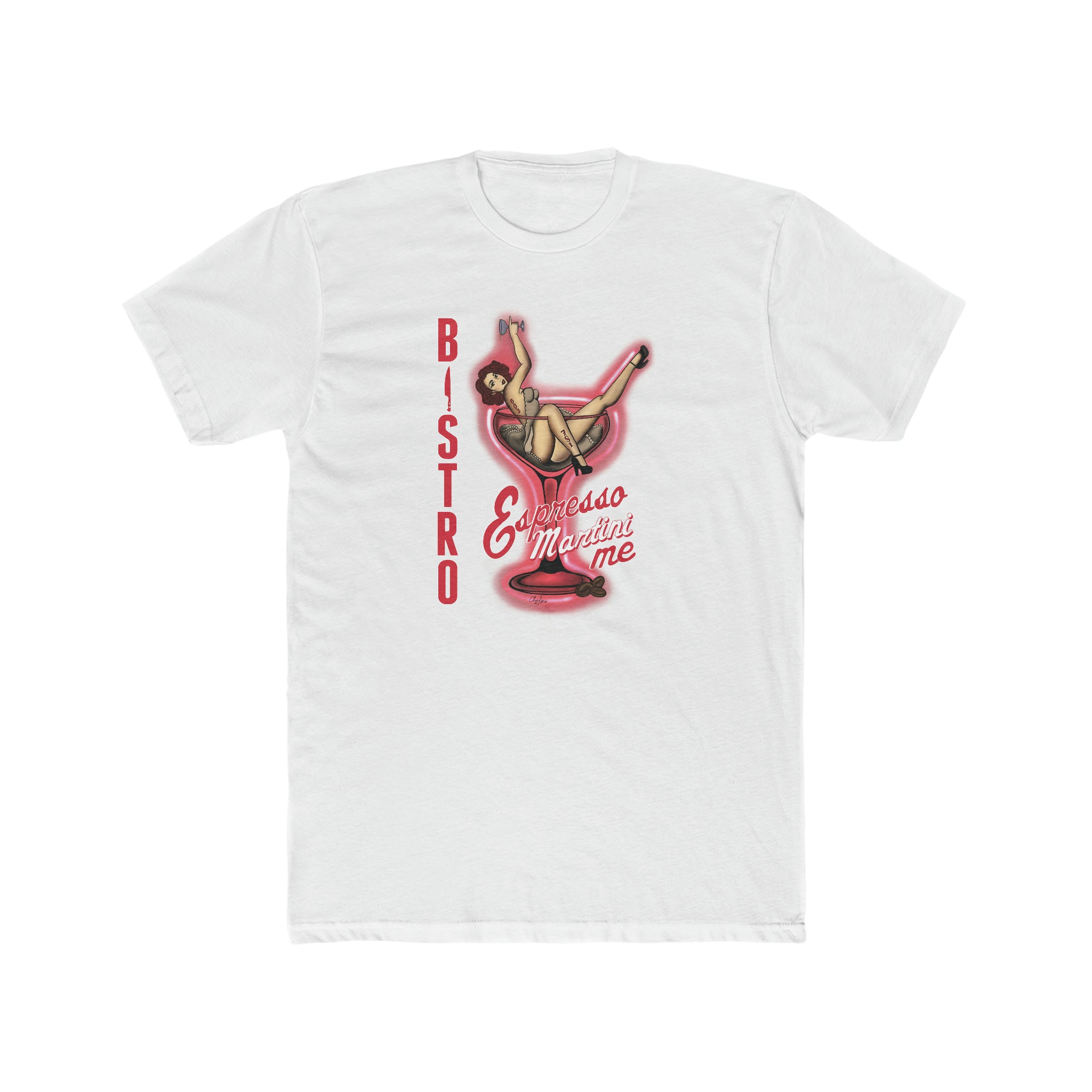 White cotton crew neck t-shirt featuring a vintage pin-up girl graphic inside a martini glass with Espresso Martini Me text.