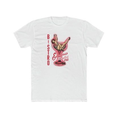 White cotton crew neck t-shirt featuring a vintage pin-up girl graphic inside a martini glass with Espresso Martini Me text.