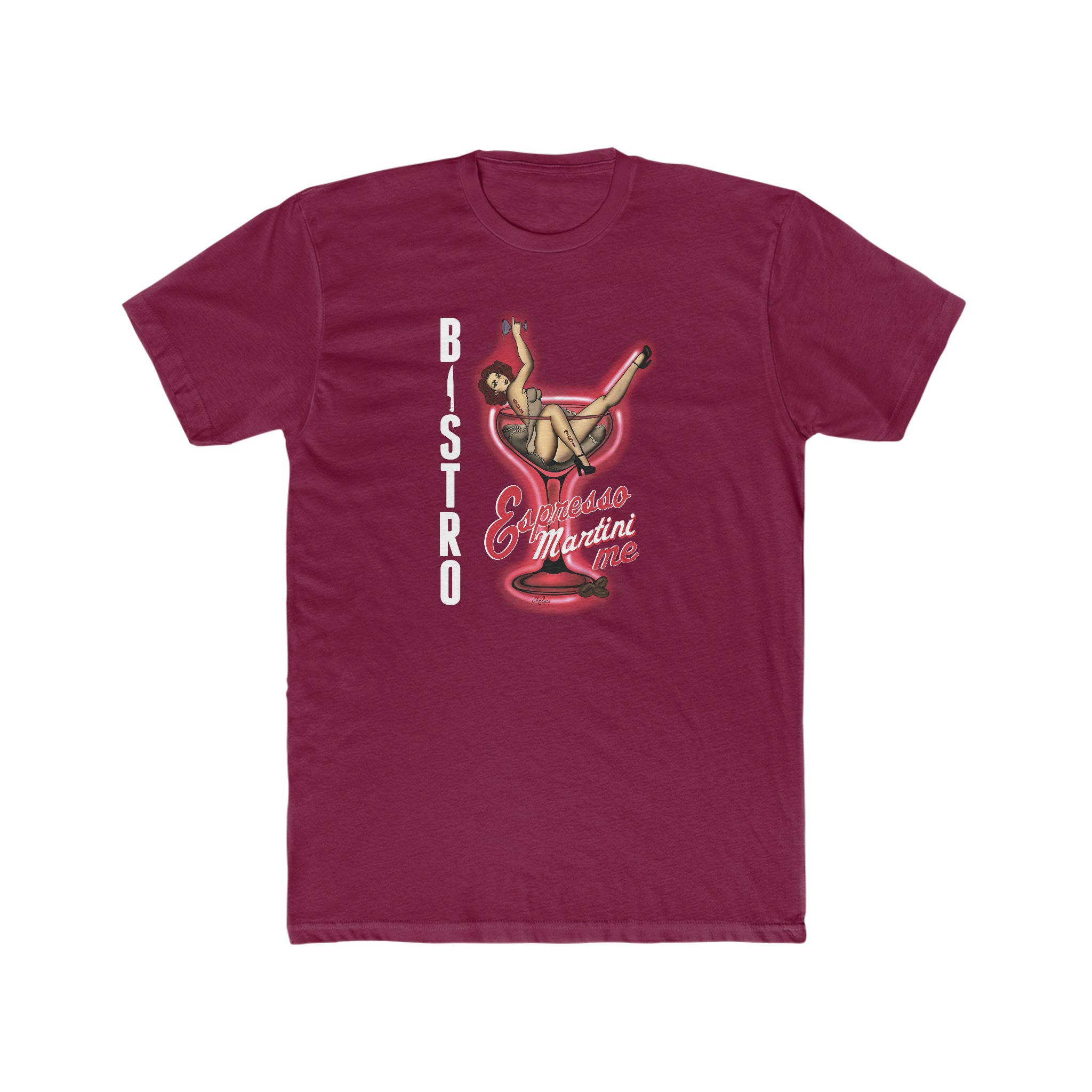 Maroon cotton crewneck tee featuring a vintage pin-up girl graphic inside a martini glass with Espresso Martini Me text.