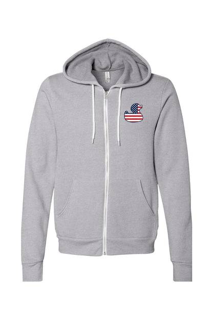 Heather gray full-zip sponge fleece hoodie featuring a red, white, and blue American flag duck logo on the chest.