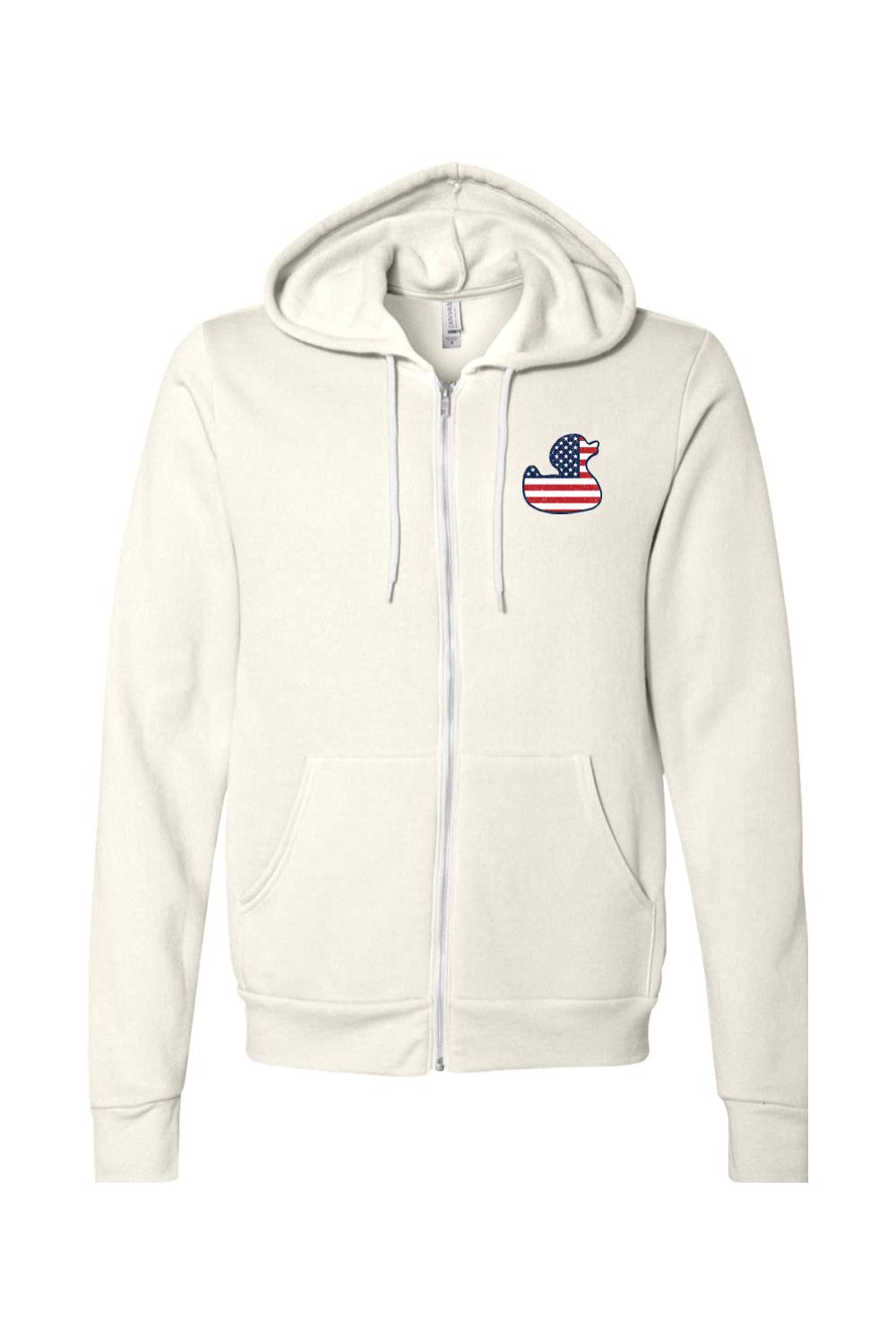 Off-white full-zip sponge fleece hoodie featuring a red, white, and blue American flag rubber duck logo.