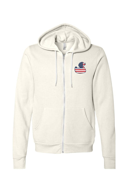 Off-white full-zip sponge fleece hoodie featuring a red, white, and blue American flag rubber duck logo.