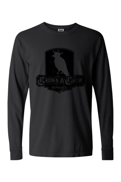 Crown & Crow in Black Distressed Unisex Garment-dyed Long Sleeve T-Shirt