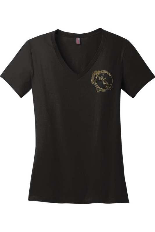 Velvet Vine Cafe Gold Logo Cotton V-Neck T-Shirt - Women's