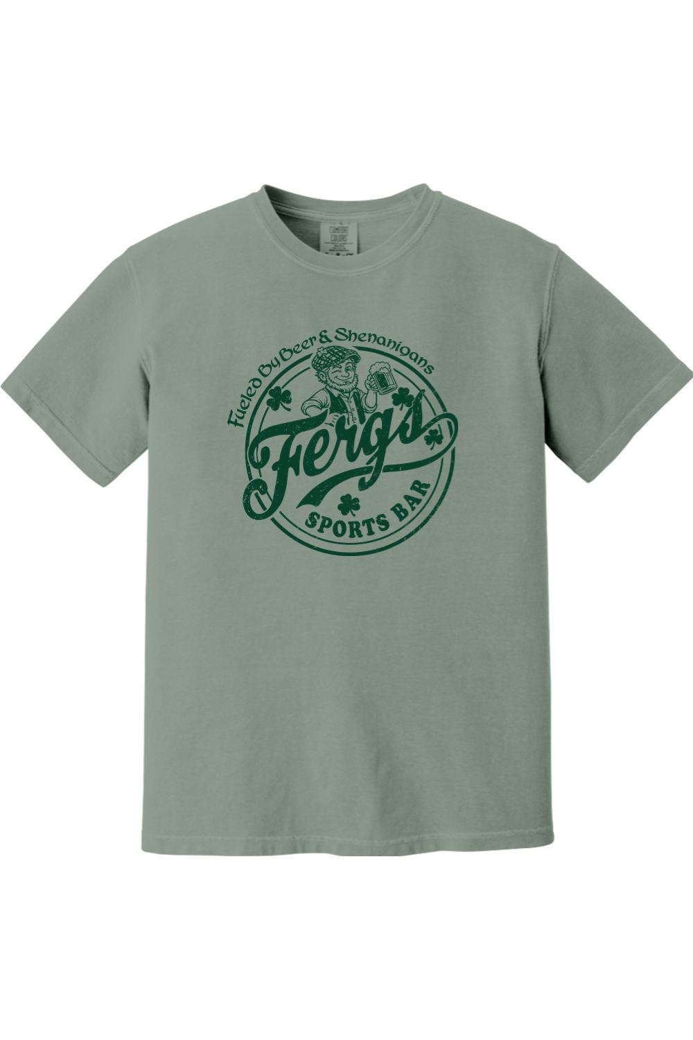 Sage green Comfort Colors cotton t-shirt featuring a dark green Ferg's Sports Bar Beer & Shenanigans graphic print.
